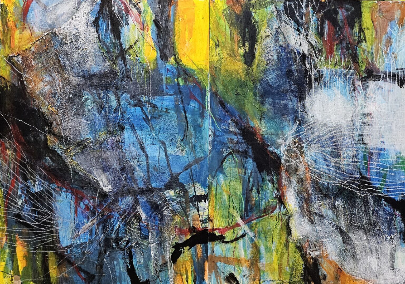 paysage intérieur, 100x140cm, techniques mixtes, papier maroufler sur bois, 2024